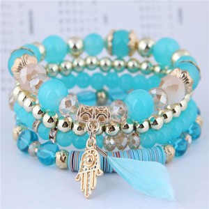 Magic Hand and Feather Decorated Multi-layer Beads Fashion Bracelet - Blue
