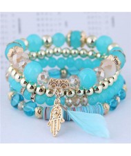 Magic Hand and Feather Decorated Multi-layer Beads Fashion Bracelet - Blue