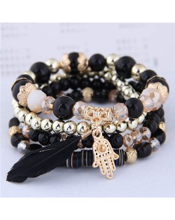 Magic Hand and Feather Decorated Multi-layer Beads Fashion Bracelet - Black