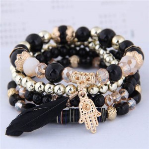 Magic Hand and Feather Decorated Multi-layer Beads Fashion Bracelet - Black