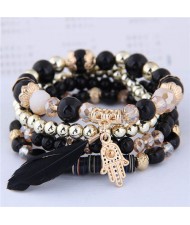 Magic Hand and Feather Decorated Multi-layer Beads Fashion Bracelet - Black