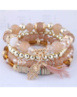 Magic Hand and Feather Decorated Multi-layer Beads Fashion Bracelet - Khaki