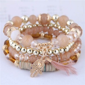 Magic Hand and Feather Decorated Multi-layer Beads Fashion Bracelet - Khaki