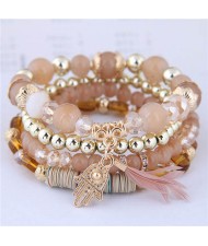 Magic Hand and Feather Decorated Multi-layer Beads Fashion Bracelet - Khaki