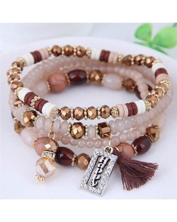 Happy Theme with Cotton Threads Tassel Multiply Layers Beads Fashion Bracelet - Khaki