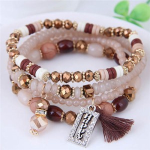 Word Happy Pendant with Cotton Threads Tassel Multiple Layers Beads Fashion Bracelet - Khaki