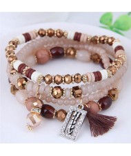 Word Happy Pendant with Cotton Threads Tassel Multiple Layers Beads Fashion Bracelet - Khaki