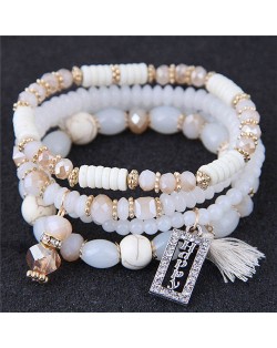 Happy Theme with Cotton Threads Tassel Multiply Layers Beads Fashion Bracelet - White