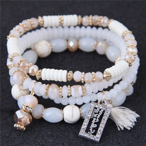 Word Happy Pendant with Cotton Threads Tassel Multiple Layers Beads Fashion Bracelet - White