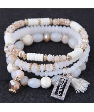 Word Happy Pendant with Cotton Threads Tassel Multiple Layers Beads Fashion Bracelet - White