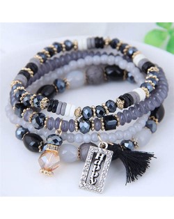 Happy Theme with Cotton Threads Tassel Multiply Layers Beads Fashion Bracelet - Black