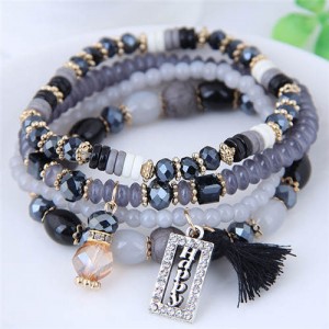 Word Happy Pendant with Cotton Threads Tassel Multiple Layers Beads Fashion Bracelet - Black