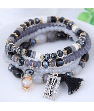 Word Happy Pendant with Cotton Threads Tassel Multiple Layers Beads Fashion Bracelet - Black