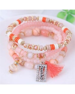 Happy Theme with Cotton Threads Tassel Multiply Layers Beads Fashion Bracelet - Pink