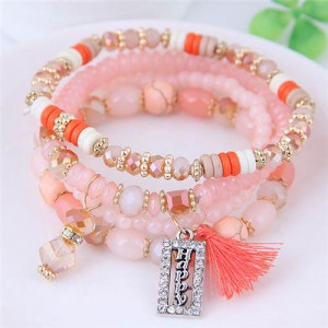 Word Happy Pendant with Cotton Threads Tassel Multiple Layers Beads Fashion Bracelet - Pink