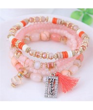Word Happy Pendant with Cotton Threads Tassel Multiple Layers Beads Fashion Bracelet - Pink