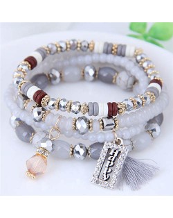 Happy Theme with Cotton Threads Tassel Multiply Layers Beads Fashion Bracelet - Gray