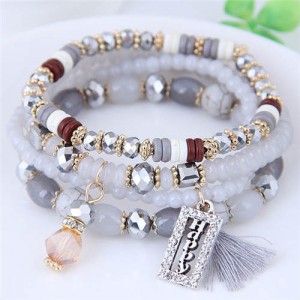 Word Happy Pendant with Cotton Threads Tassel Multiple Layers Beads Fashion Bracelet - Gray