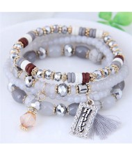 Word Happy Pendant with Cotton Threads Tassel Multiple Layers Beads Fashion Bracelet - Gray
