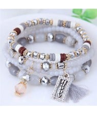 Word Happy Pendant with Cotton Threads Tassel Multiple Layers Beads Fashion Bracelet - Gray