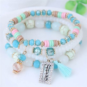 Word Happy Pendant with Cotton Threads Tassel Multiple Layers Beads Fashion Bracelet - Multicolor