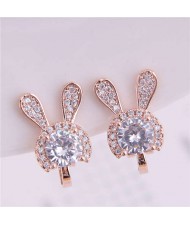 Cute Rabbit Design Shining Cubic Zirconia Korean Fashion Earrings - Golden