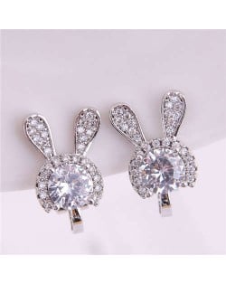 Cute Rabbit Design Shining Cubic Zirconia Korean Fashion Earrings - Silver