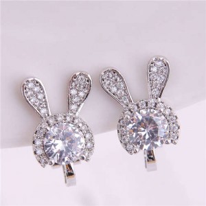 Cute Rabbit Design Shining Cubic Zirconia Korean Fashion Earrings - Silver