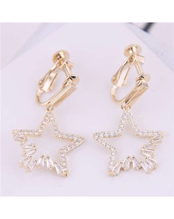 Korean Fashion Cubic Zirconia Dangling Star Design Women Ear Clips - Golden
