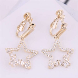 Korean Fashion Cubic Zirconia Dangling Star Design Women Ear Clips - Golden