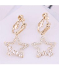 Korean Fashion Cubic Zirconia Dangling Star Design Women Ear Clips - Golden