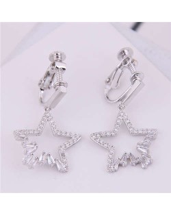 Korean Fashion Cubic Zirconia Dangling Star Design Women Ear Clips - Silver