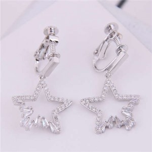 Korean Fashion Cubic Zirconia Dangling Star Design Women Ear Clips - Silver