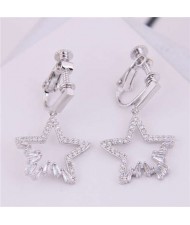 Korean Fashion Cubic Zirconia Dangling Star Design Women Ear Clips - Silver