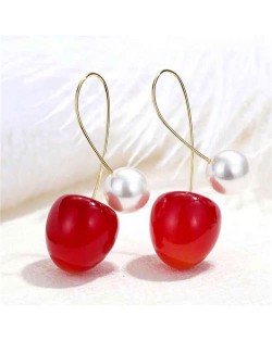 Cute Cherry with Pearl Design Women Fashion Earrings - Red