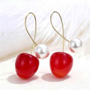 Cute Cherry with Pearl Design Women Fashion Earrings - Red