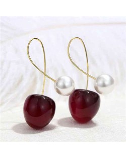 Cute Cherry with Pearl Design Women Fashion Earrings - Dark Red