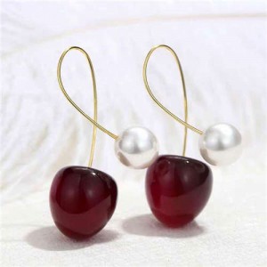 Cute Cherry with Pearl Design Women Fashion Earrings - Dark Red