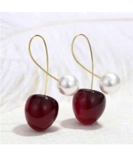 Cute Cherry with Pearl Design Women Fashion Earrings - Dark Red