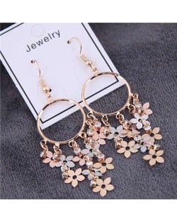 Flower Cluster Dangling Alloy Hoop Women Tassel Earrings 