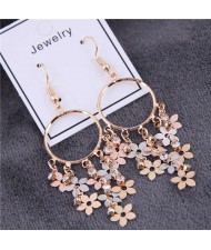 Flower Cluster Dangling Alloy Hoop Women Tassel Earrings