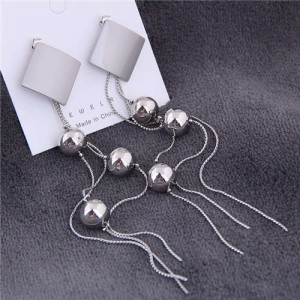 Square Fashion with Graceful Beads Tassel Women Earrings - Silver