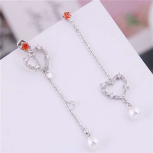 Cubic Zirconia Embellished Charming Heart Design Asymmetric Women Fashion Earrings - Silver