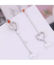 Cubic Zirconia Embellished Charming Heart Design Asymmetric Women Fashion Earrings - Silver