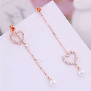 Cubic Zirconia Embellished Charming Heart Design Asymmetric Women Fashion Earrings - Golden