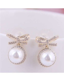 Pearl Fashion Bowknot Design Korean Fashion Women Earrings - Golden