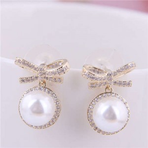 Pearl Fashion Bowknot Design Korean Fashion Women Earrings - Golden