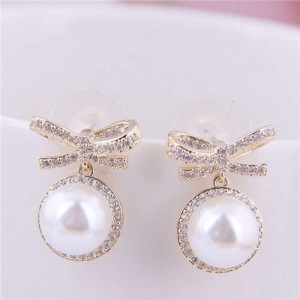 Pearl Fashion Bowknot Design Korean Fashion Women Earrings - Golden
