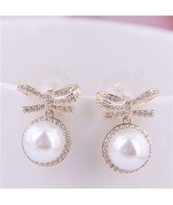 Pearl Fashion Bowknot Design Korean Fashion Women Earrings - Golden