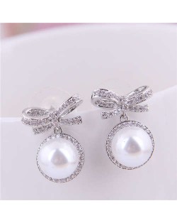 Pearl Fashion Bowknot Design Korean Fashion Women Earrings - Silver
